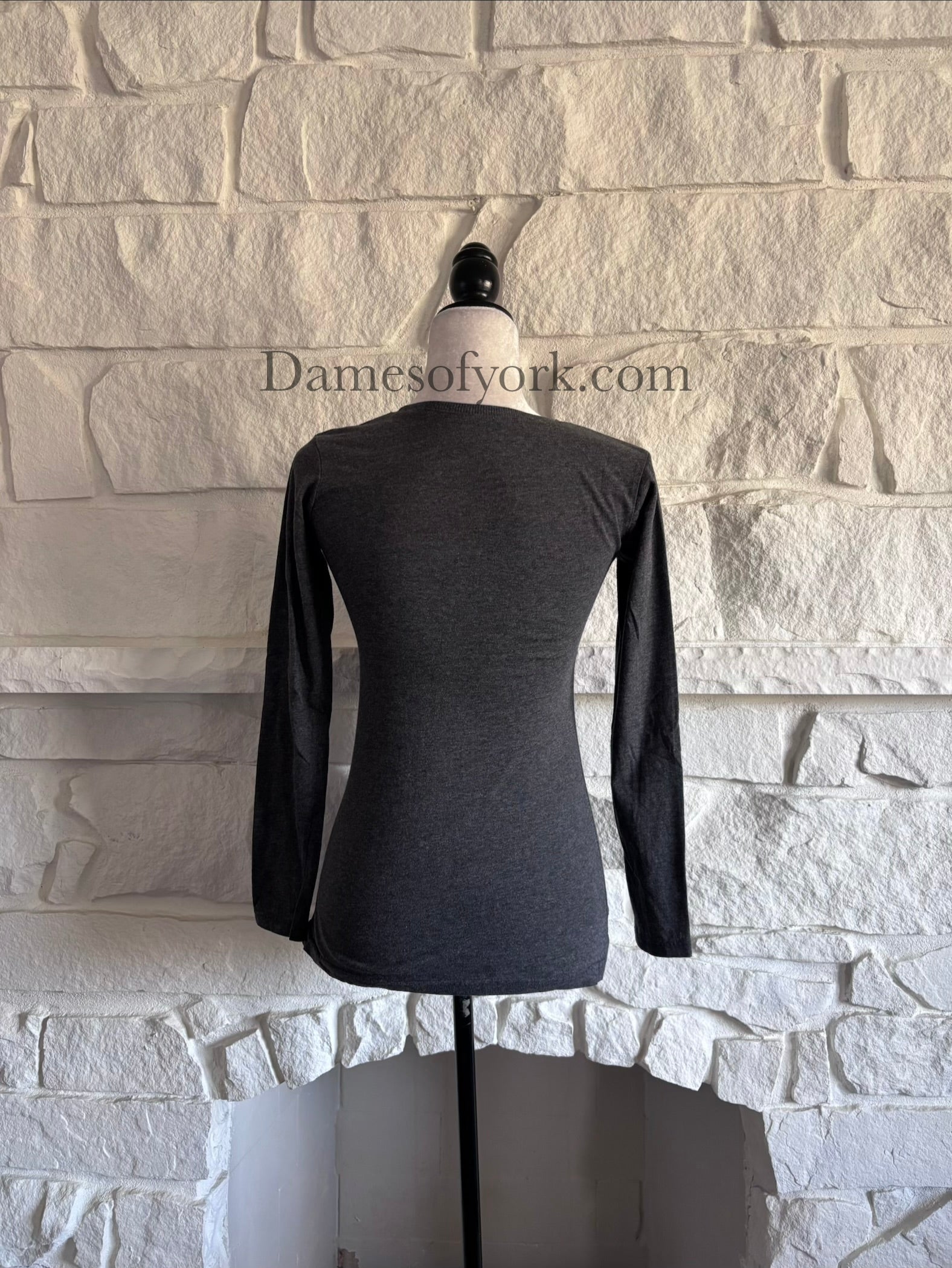Back view of plain grey long sleeve t-shirt on mannequin