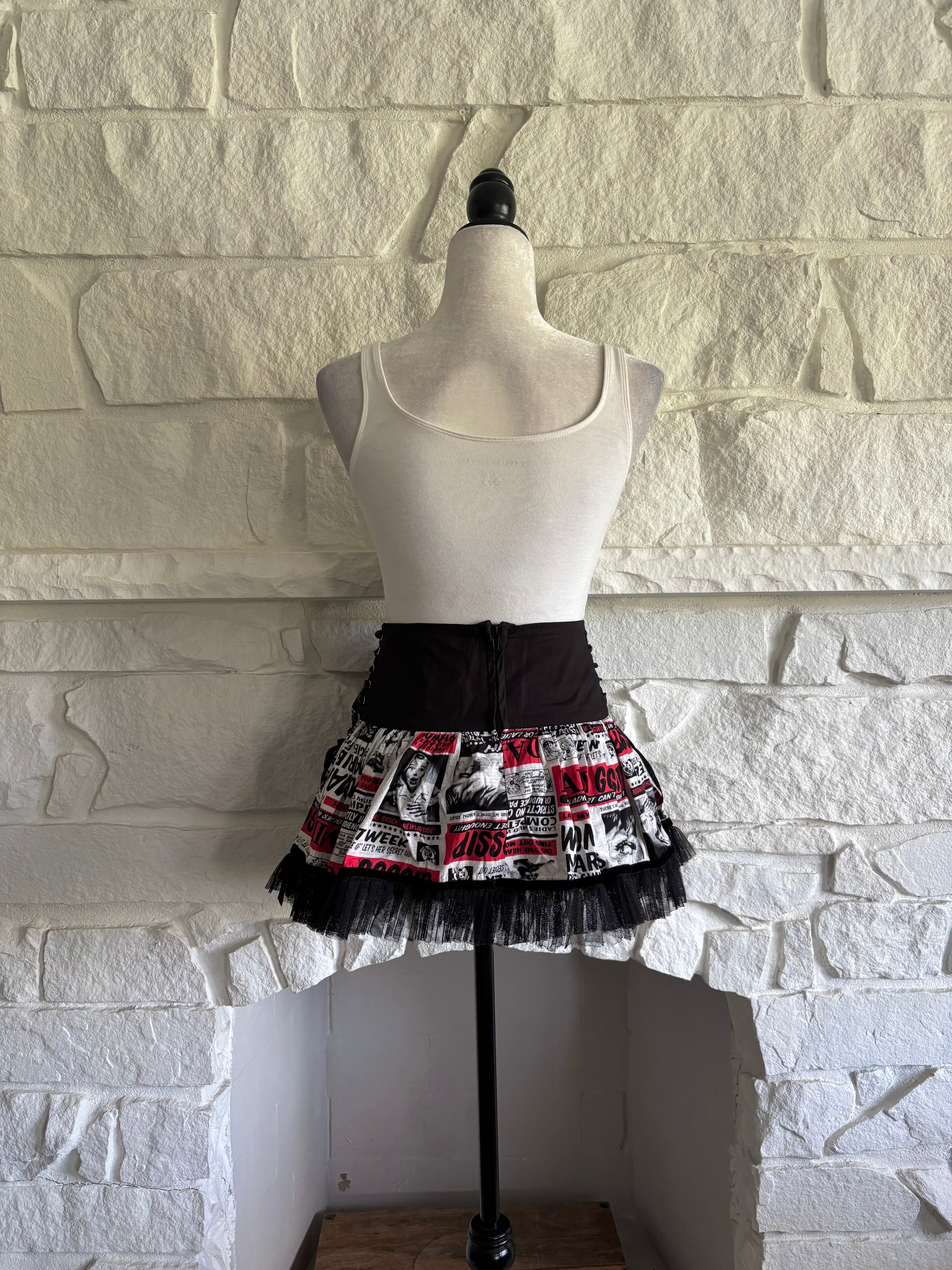 Corset-Laced Newsprint Mini Skirt