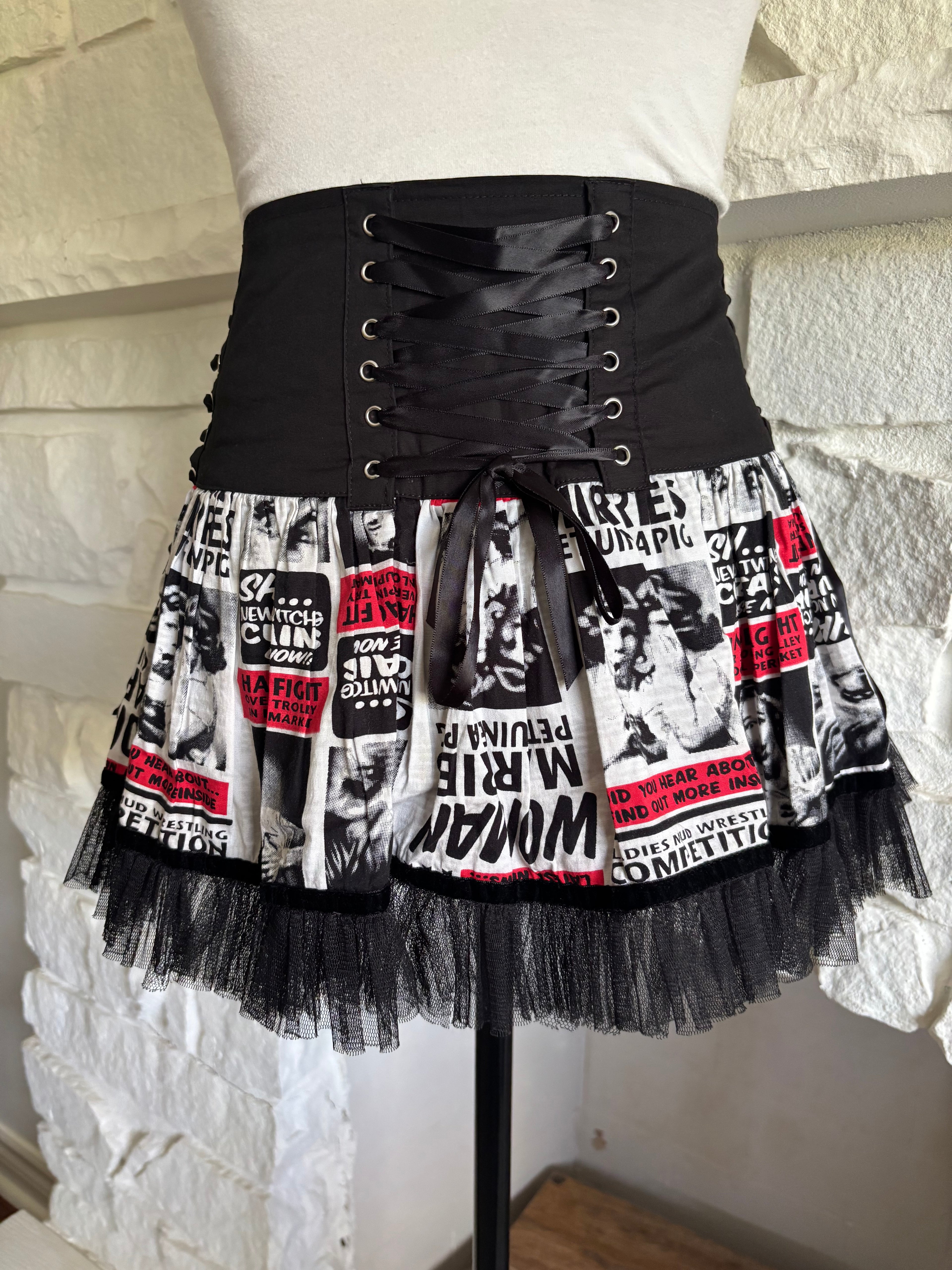 Corset-Laced Newsprint Mini Skirt