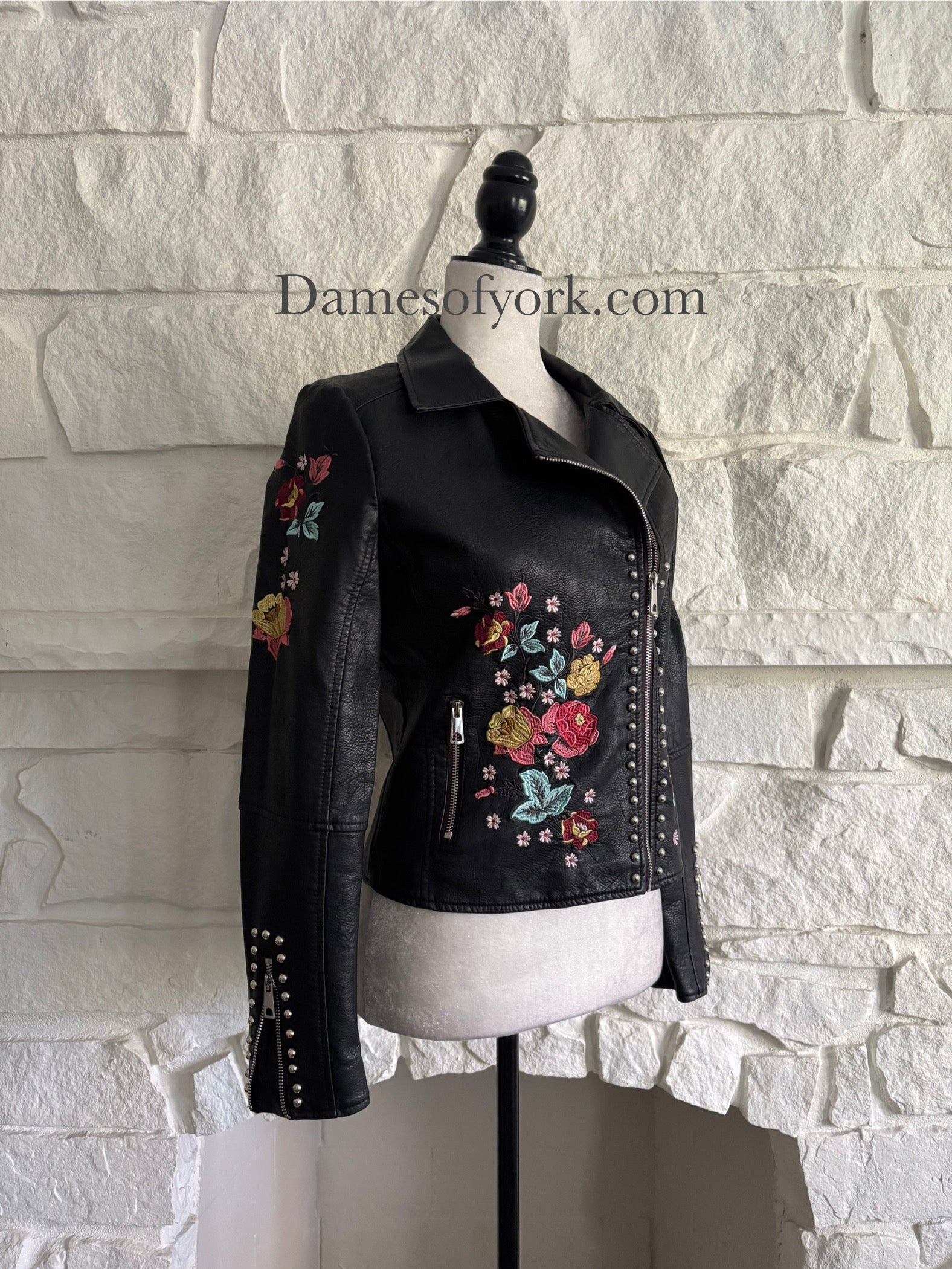 Floral Embroidered Faux Leather Jacket