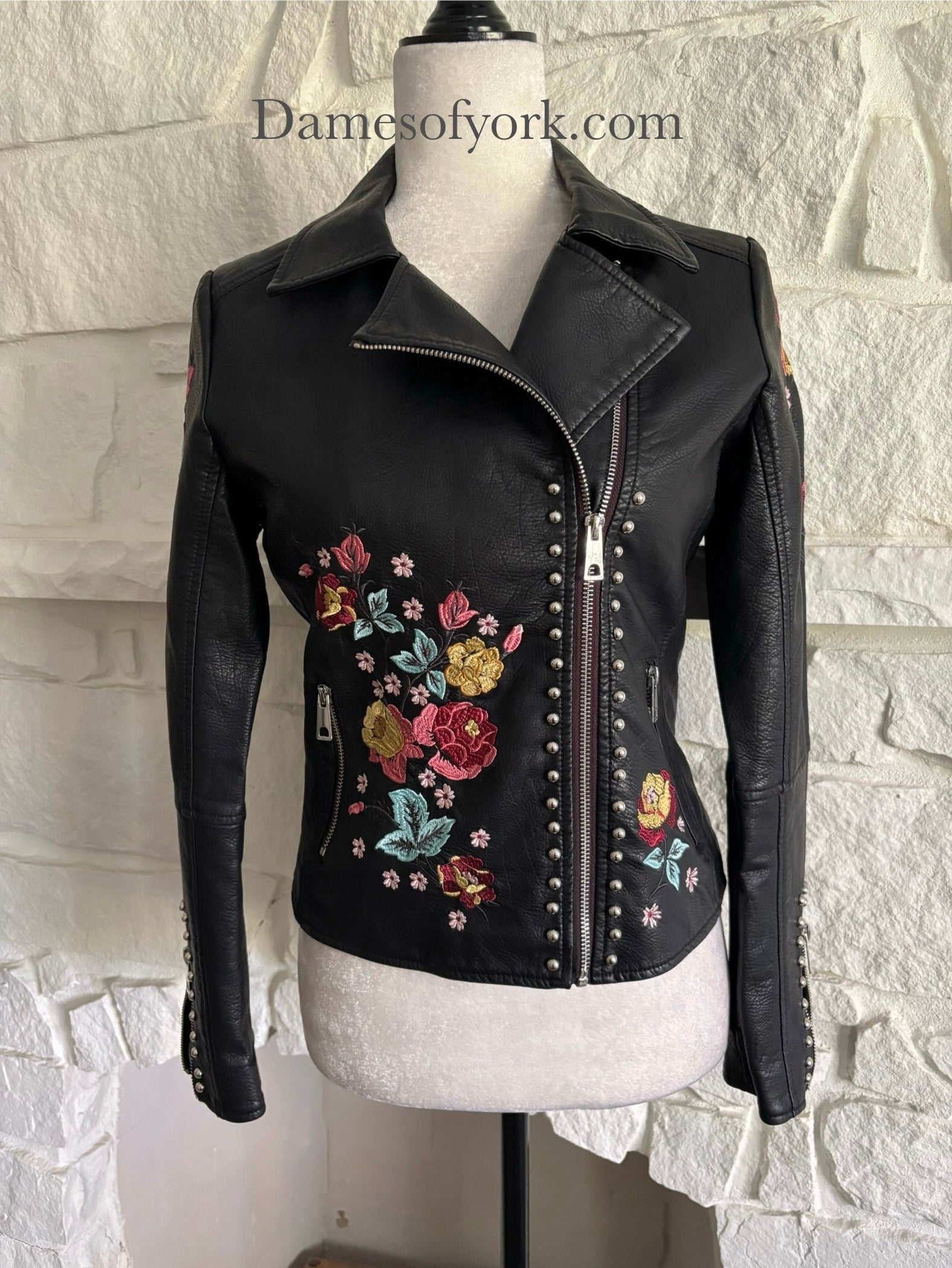 Floral Embroidered Faux Leather Jacket