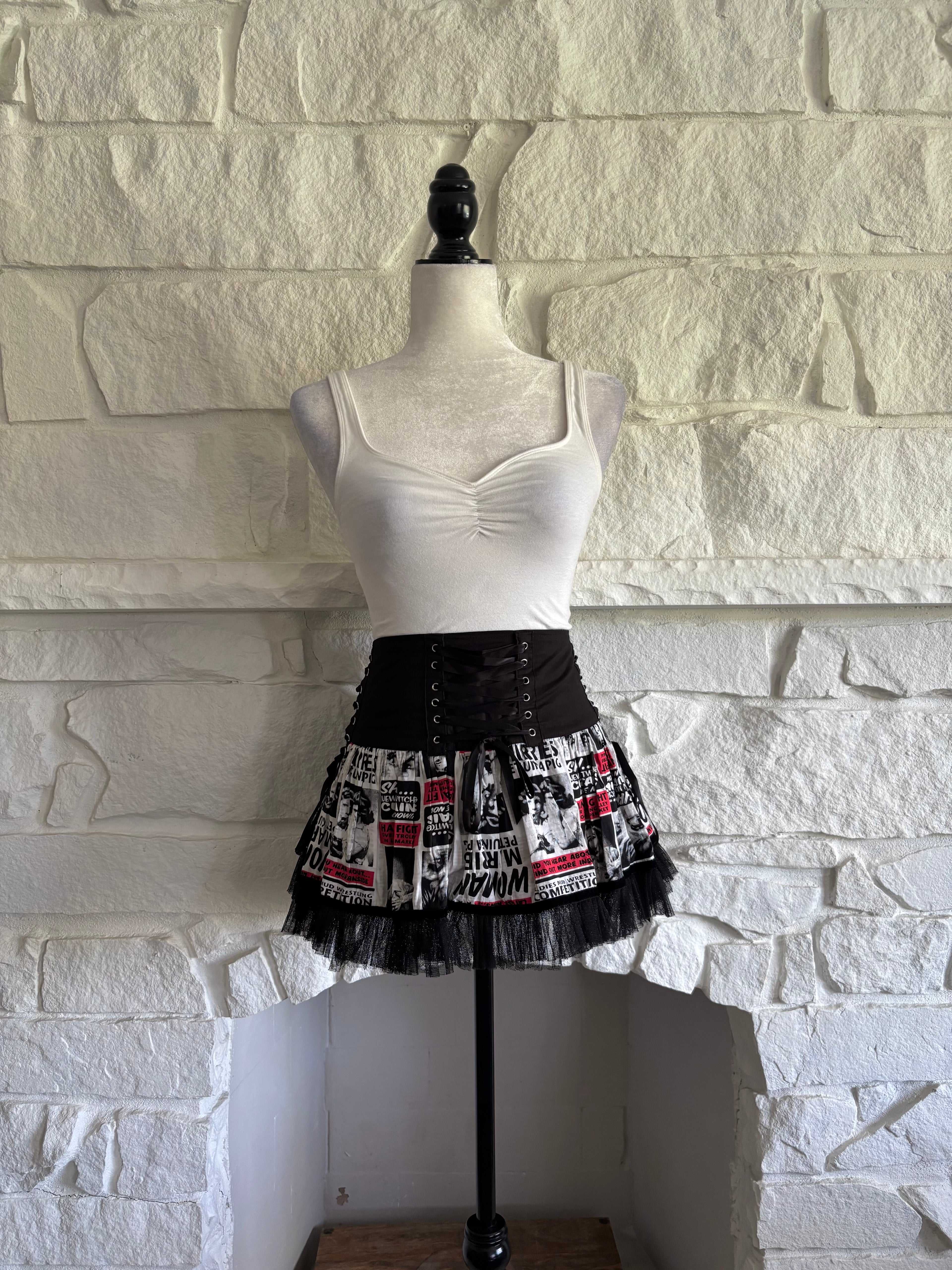 Corset-Laced Newsprint Mini Skirt