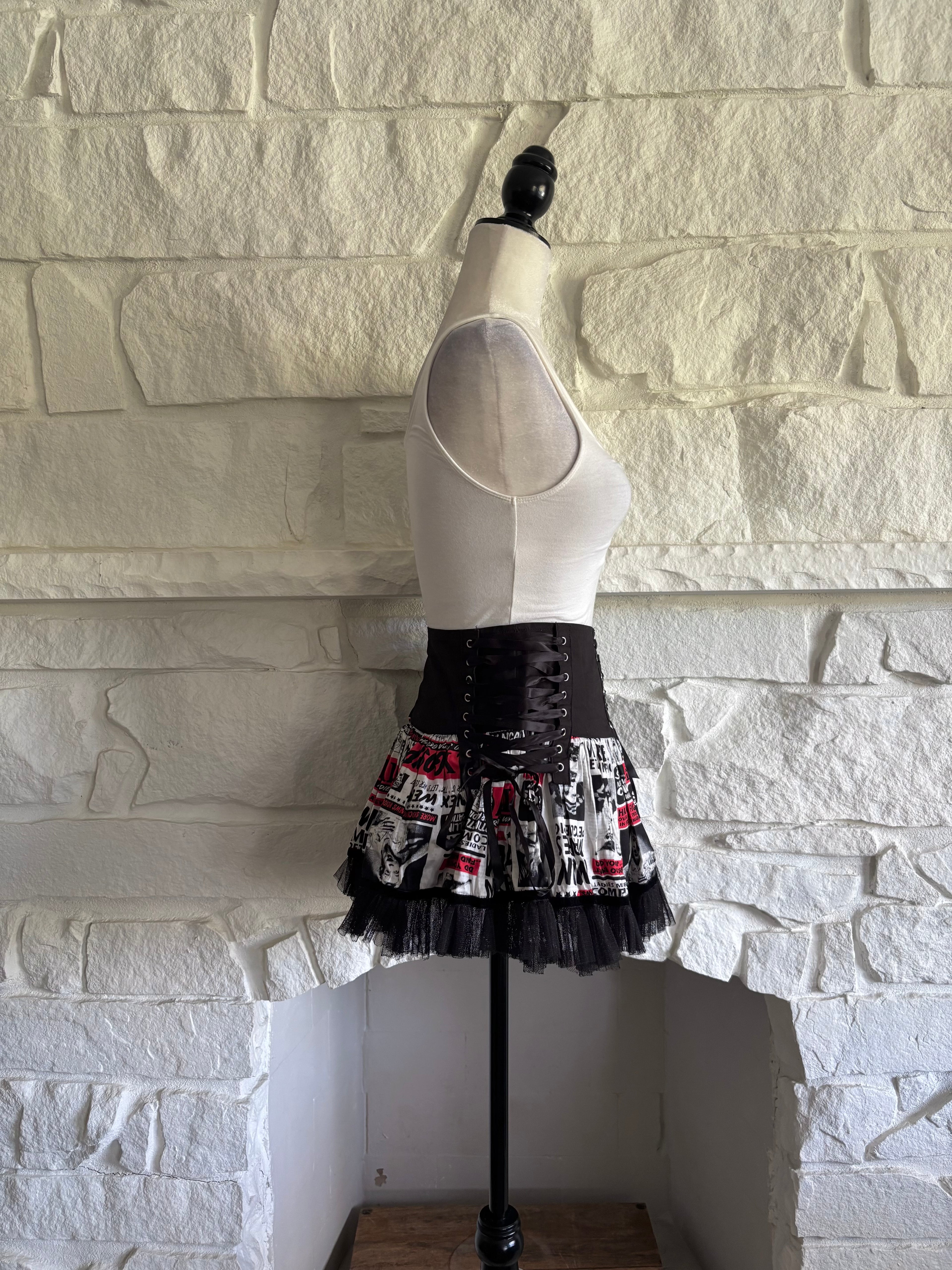 Corset-Laced Newsprint Mini Skirt