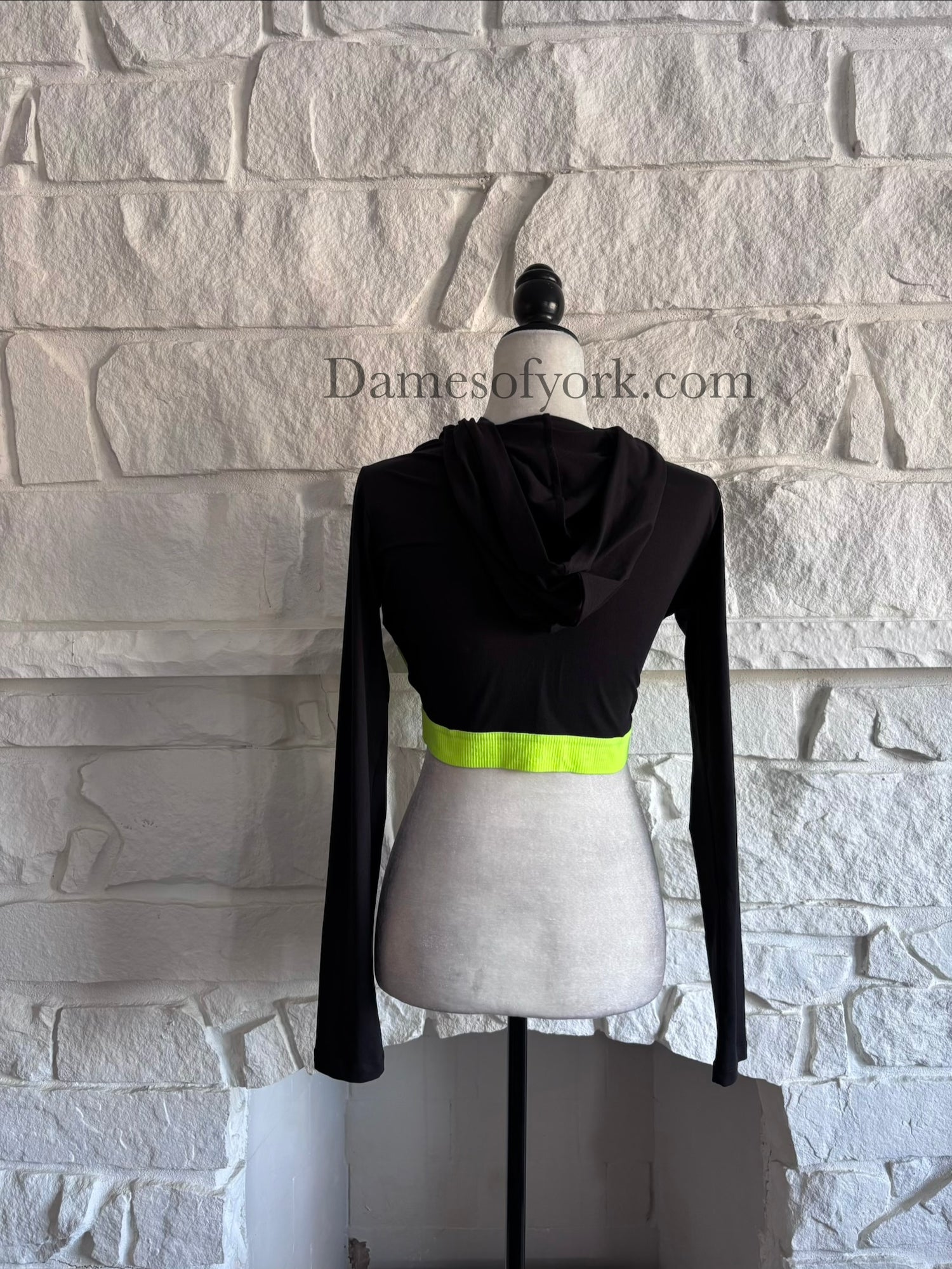Back view of the Neon Circuit Crop Hoodie showing the black knit fabric and cropped hoodie design.