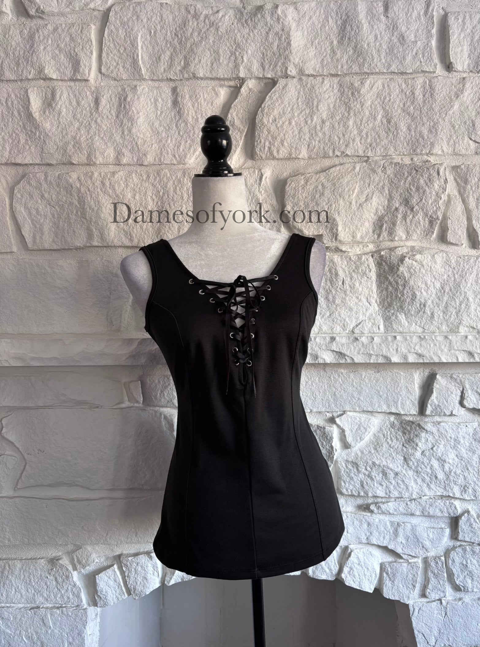 Front view of the Knightfall Lace Up Tank, a black lace-up tank top featuring a medieval-inspired lace front detail.