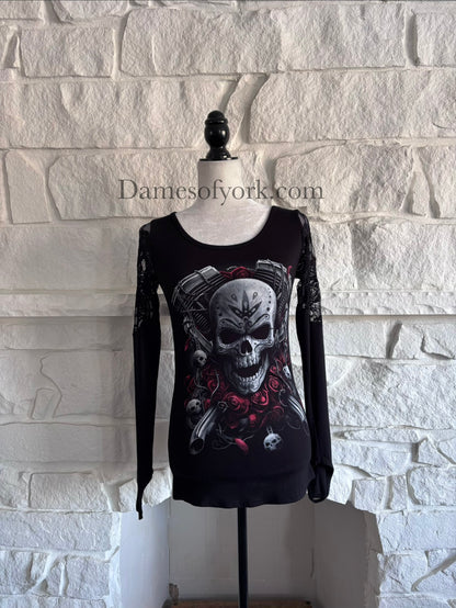 Front view of the Graveyard Radio Top, a black long sleeve gothic top featuring a skull and vintage microphone graphic with red roses and sheer lace sleeves.