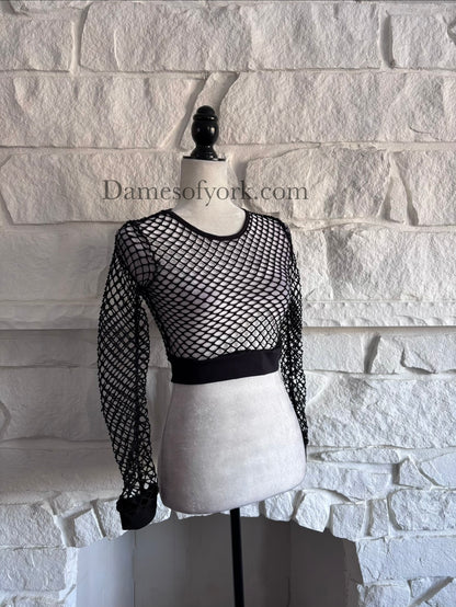 Angled view of the Shadow Mesh Crop Top showing the sheer mesh fabric and cropped silhouette.