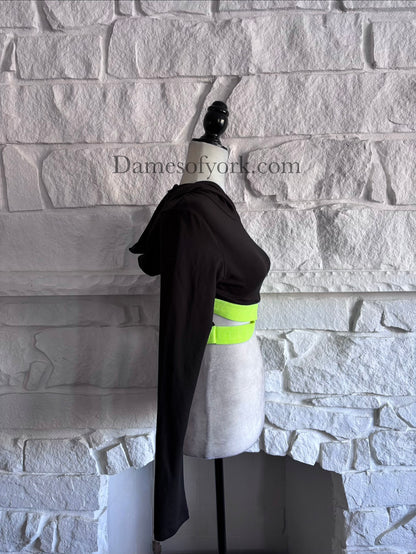Side view of the Neon Circuit Crop Hoodie highlighting the triangular cutout detail and fitted knit fabric.