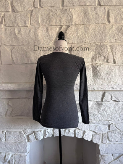 Back view of plain grey long sleeve t-shirt on mannequin 