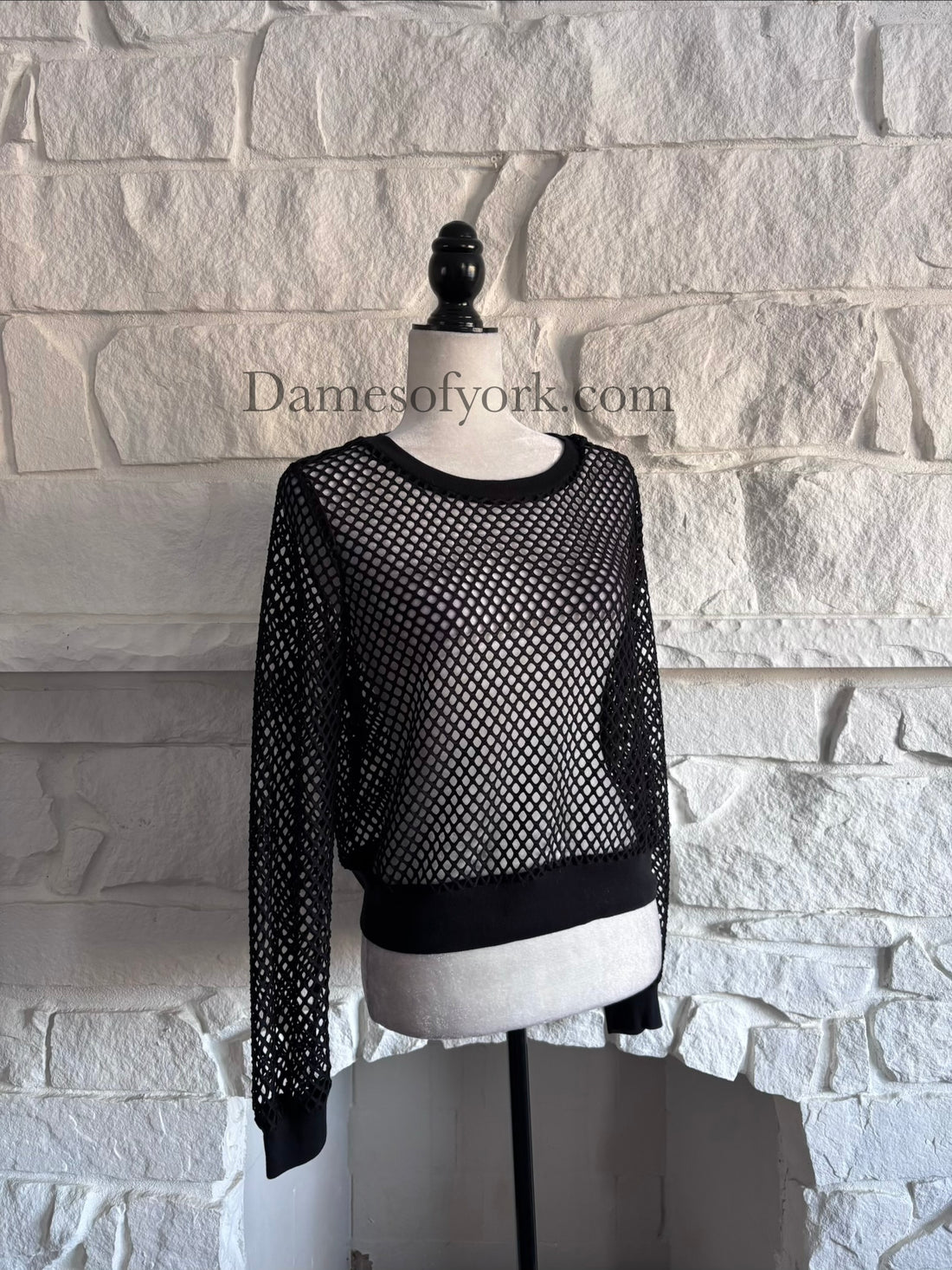 Angled view of the Nightveil Mesh Top showing the wide mesh fabric and cropped silhouette.