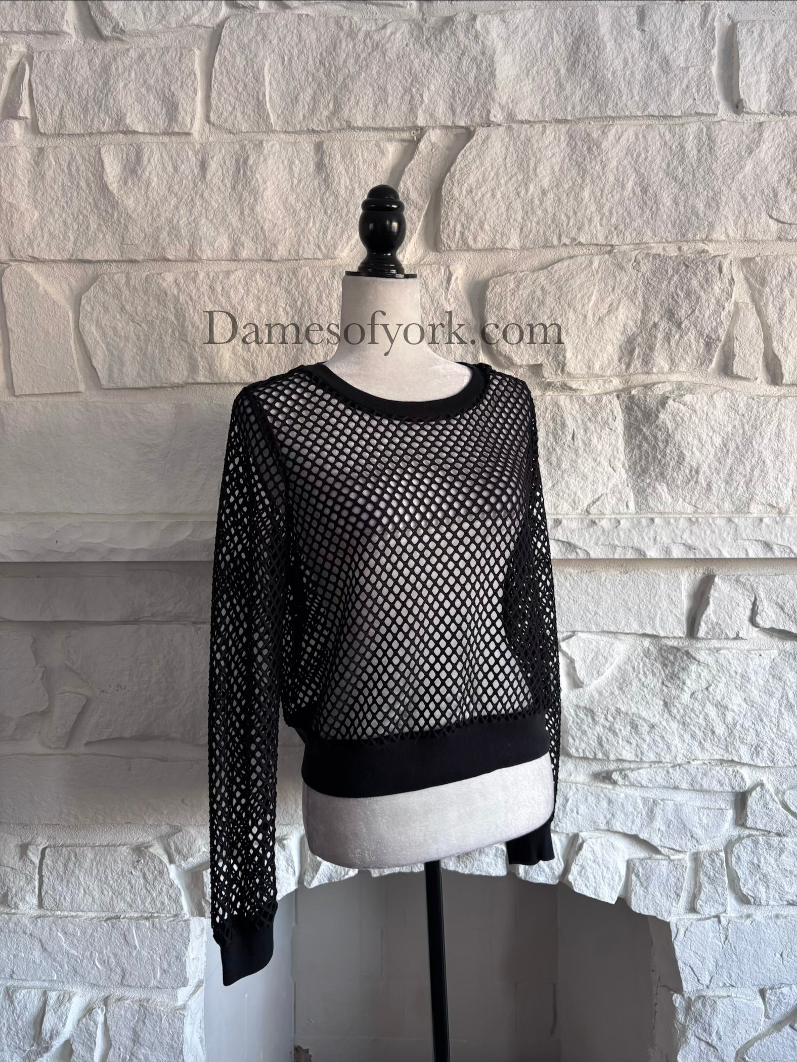 Angled view of the Nightveil Mesh Top showing the wide mesh fabric and cropped silhouette.
