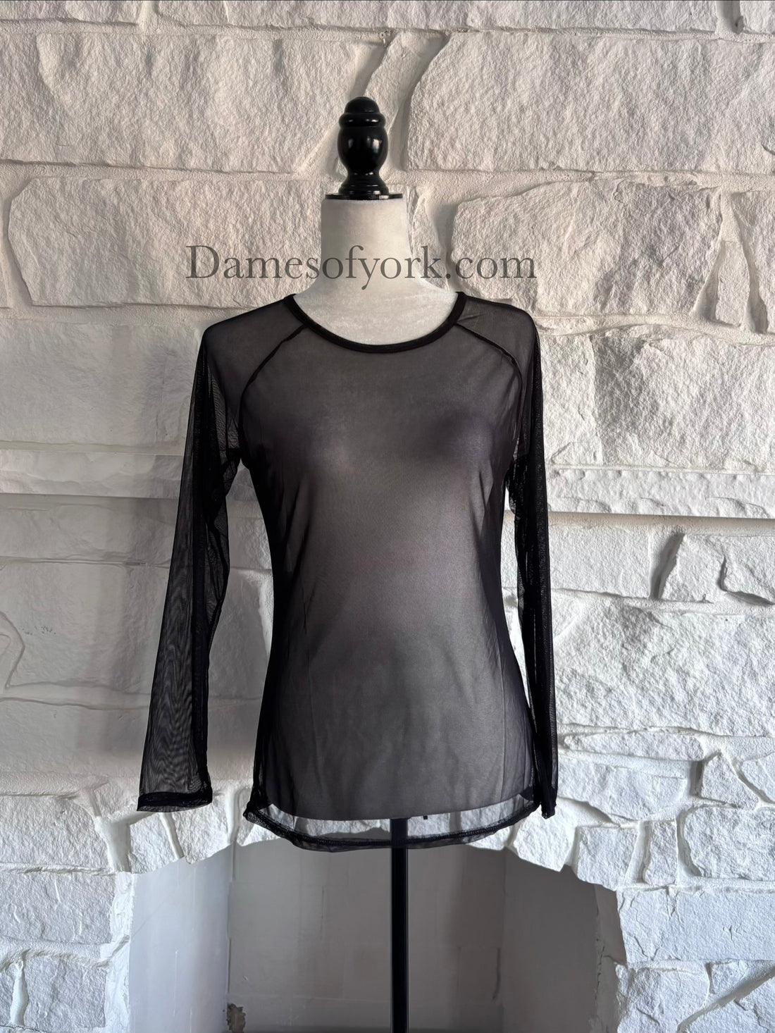 Front view of the Fine Mesh Layering Top, a black fine mesh long sleeve top made from sheer lightweight fabric.