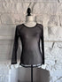 Front view of the Fine Mesh Layering Top, a black fine mesh long sleeve top made from sheer lightweight fabric.