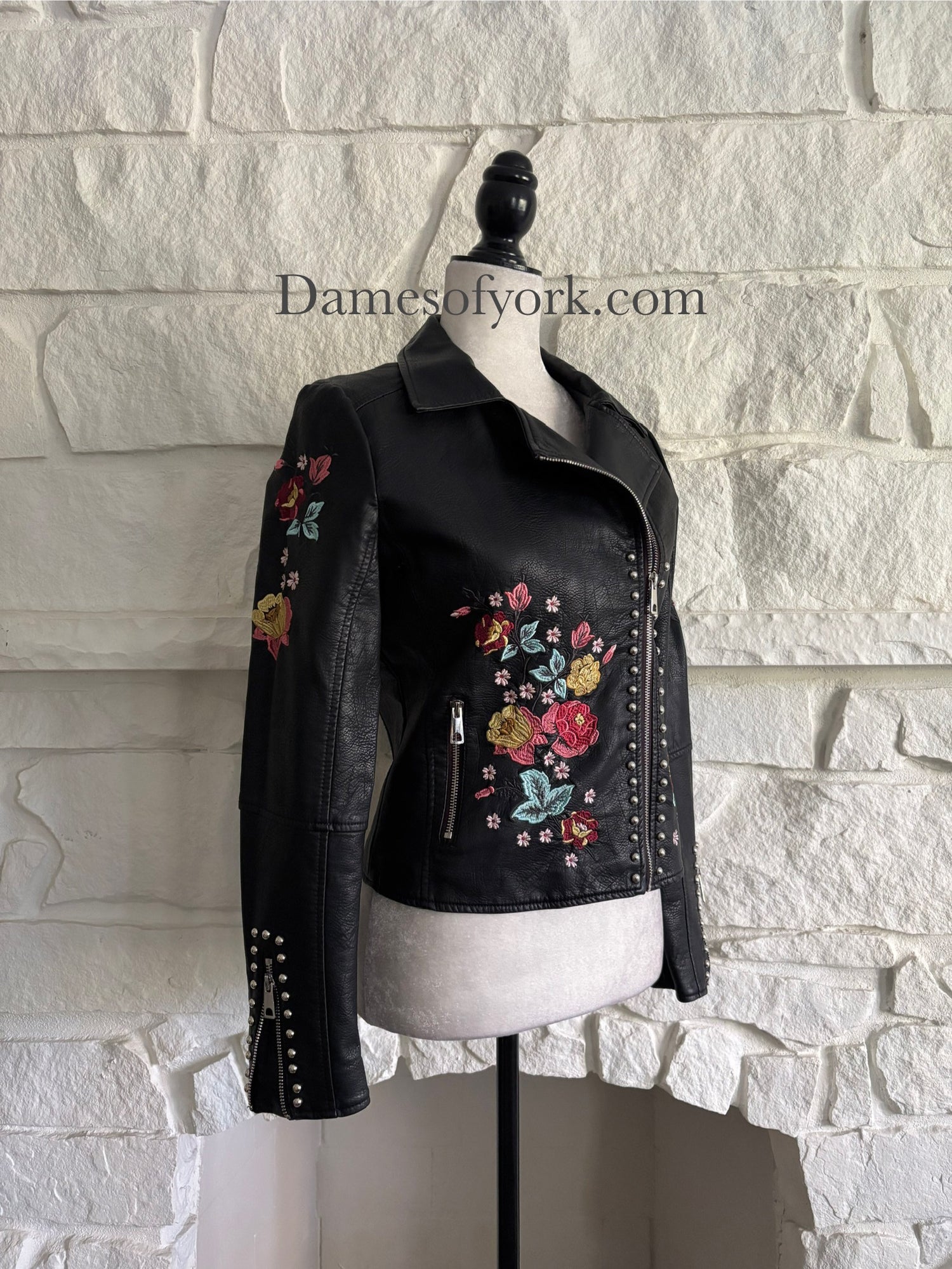 Floral Embroidered Faux Leather Jacket