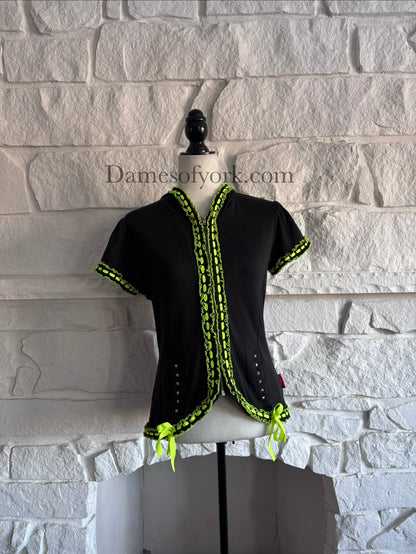 Front view of the Neon Pulse Hoodie, a black short sleeve hoodie with neon yellow-green lace and ribbon trim and a front zipper.