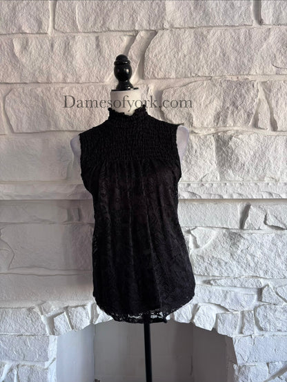 Front view of the Nocturne Lace Blouse, a sleeveless black blouse with lace overlay and a Victorian-inspired high neckline with frilled edge.