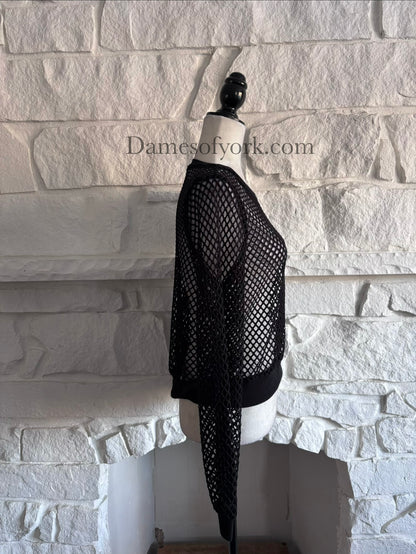 Side view of the Nightveil Mesh Top highlighting the open mesh texture and fitted crop shape.