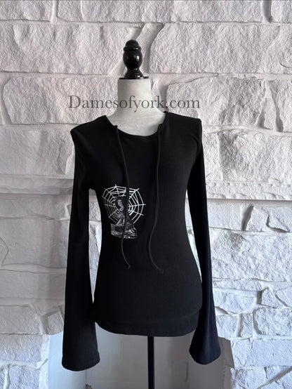 Front view of the Webbed Phantom Sweatshirt, a black knit sweatshirt with flared sleeves and a spiderweb graphic with an abstract figure on the front.