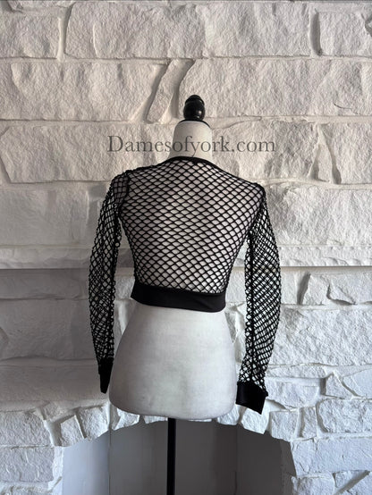 Back view of the Shadow Mesh Crop Top showing the sheer black mesh fabric and long sleeve design.