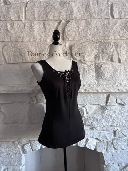 Angled view of the Knightfall Lace Up Tank showing the lace-up chest detail and fitted silhouette.