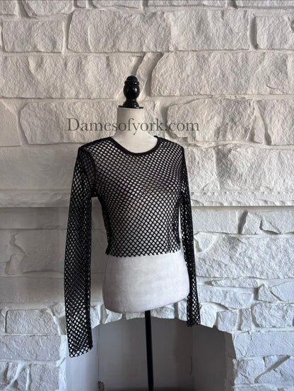 Angled view of the Raw Edge Mesh Crop Top showing the sheer mesh fabric and cropped silhouette.
