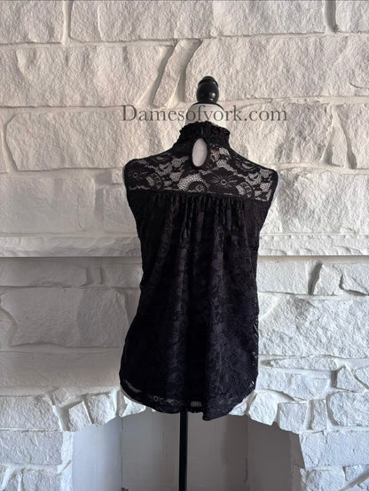 Back view of the Nocturne Lace Blouse showing the black lace overlay and elegant high-neck silhouette.