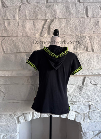 Back view of the Neon Pulse Hoodie showing the black hoodie design and neon trim around the hood.