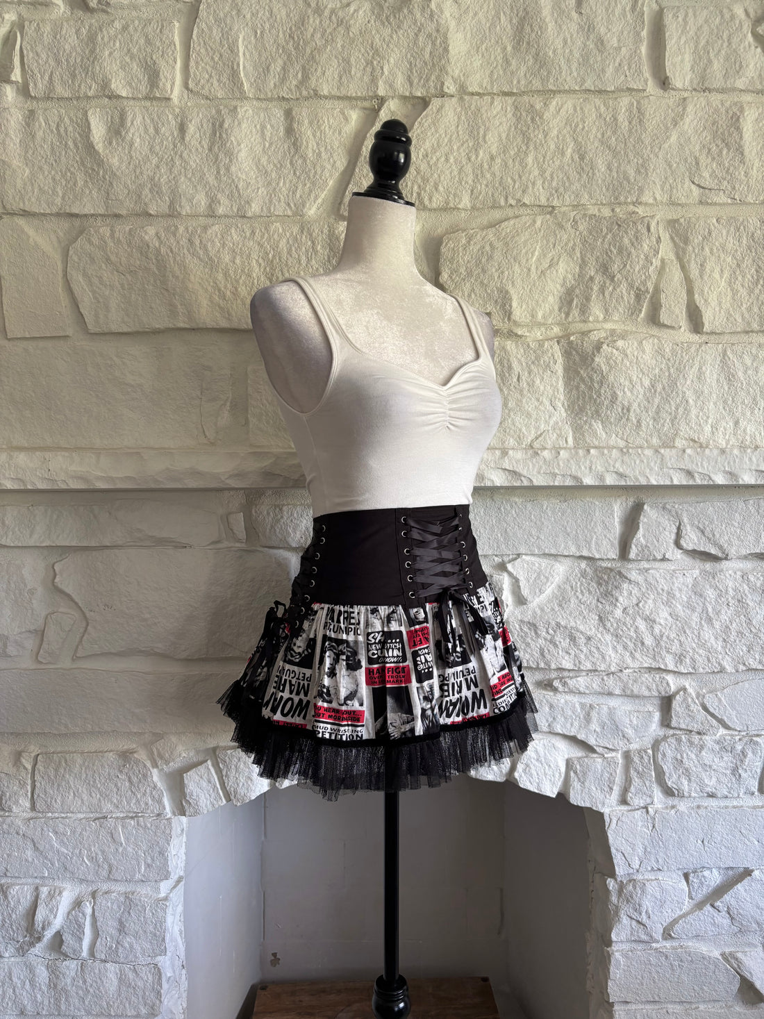 Corset-Laced Newsprint Mini Skirt