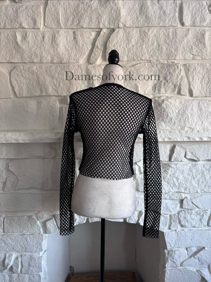 Back view of the Raw Edge Mesh Crop Top showing the sheer black mesh fabric and long sleeves.