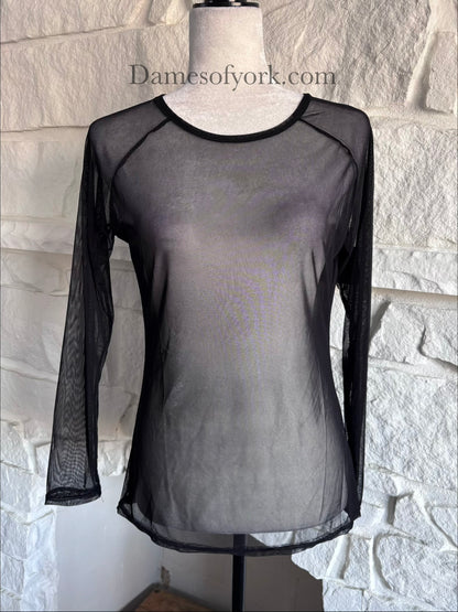 Close-up detail of the Fine Mesh Layering Top featuring the fine mesh fabric with small mesh holes.