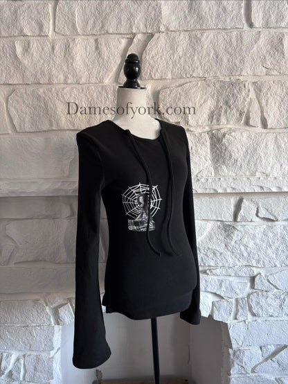 Angled view of the Webbed Phantom Sweatshirt showing the spiderweb graphic and flared sleeve silhouette.