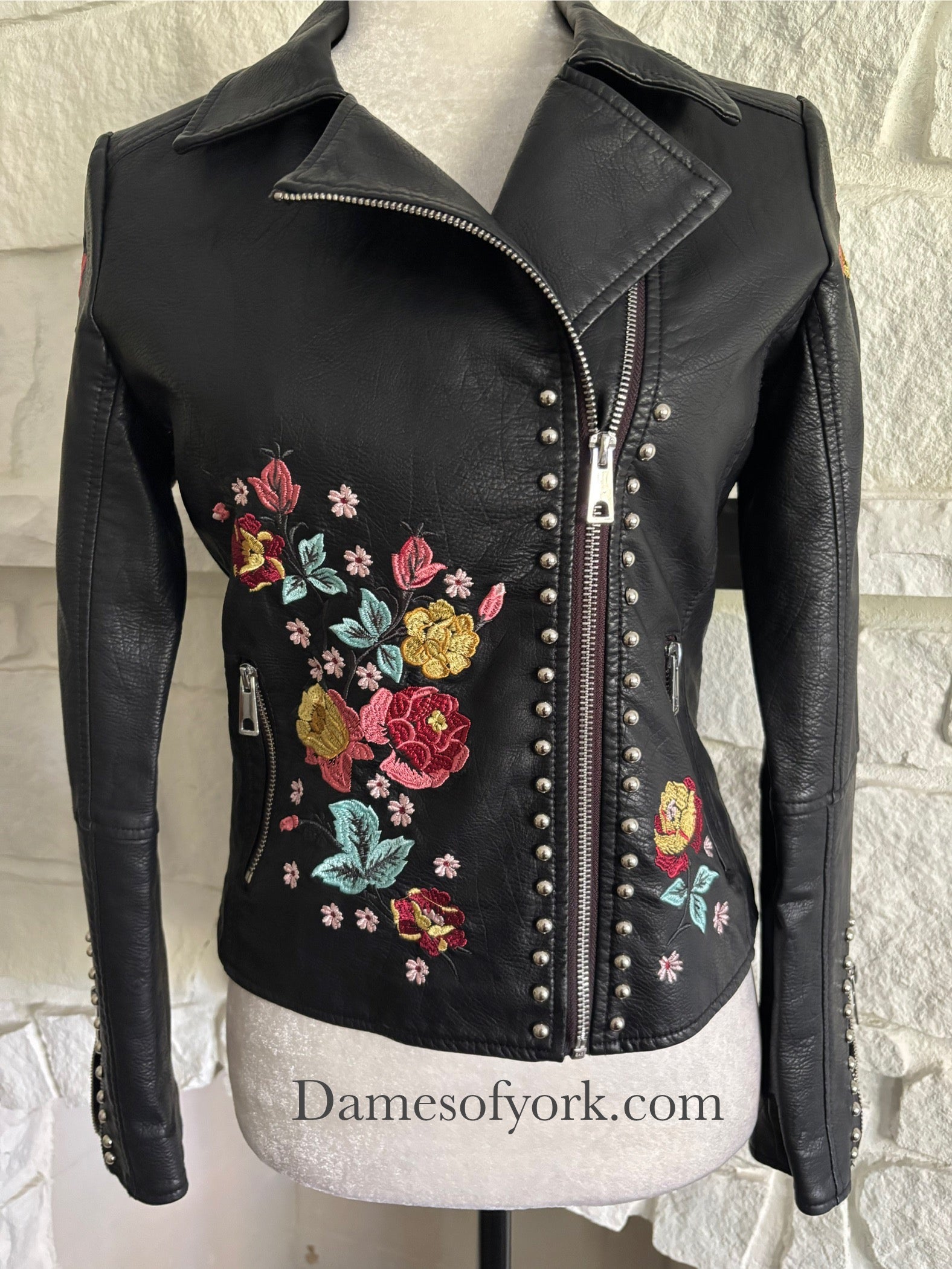 Floral Embroidered Faux Leather Jacket