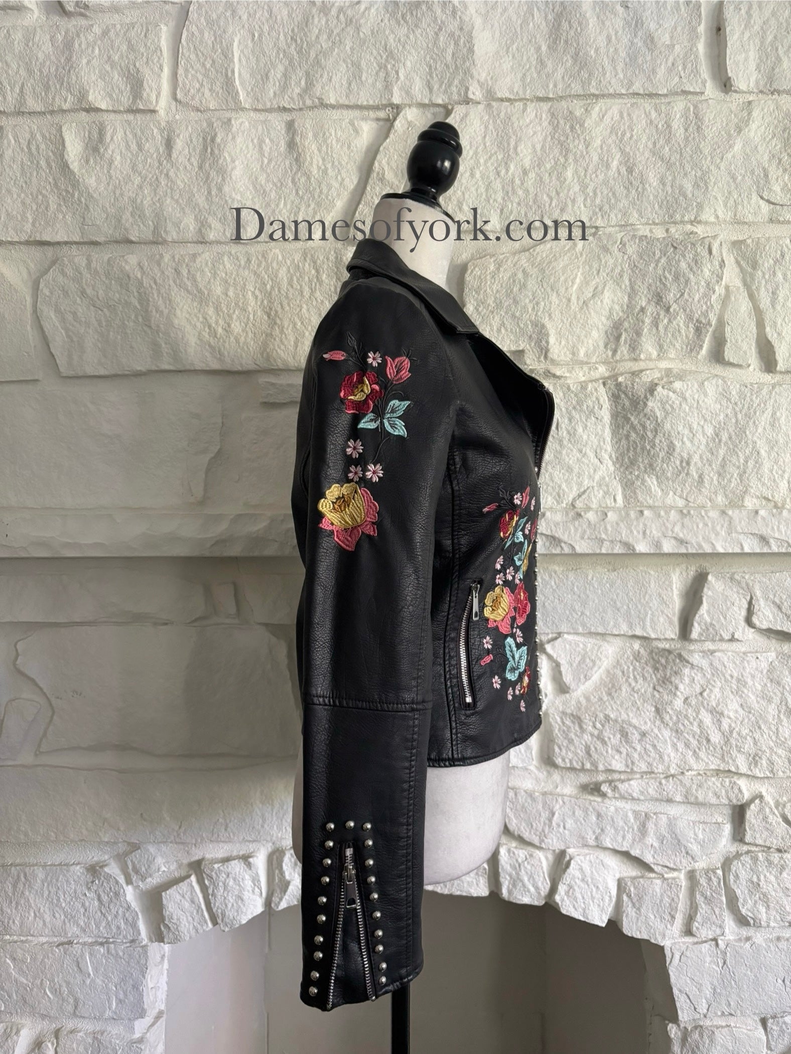 Floral Embroidered Faux Leather Jacket