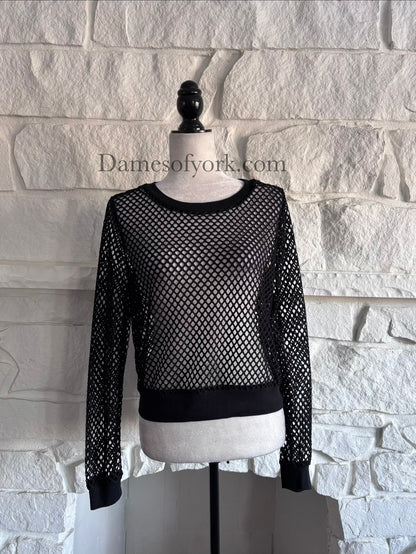 Front view of the Nightveil Mesh Top, a black wide mesh long sleeve crop top with banded hem, collar, and cuffs.