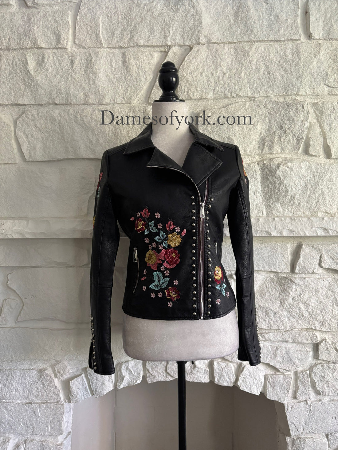 Floral Embroidered Faux Leather Jacket