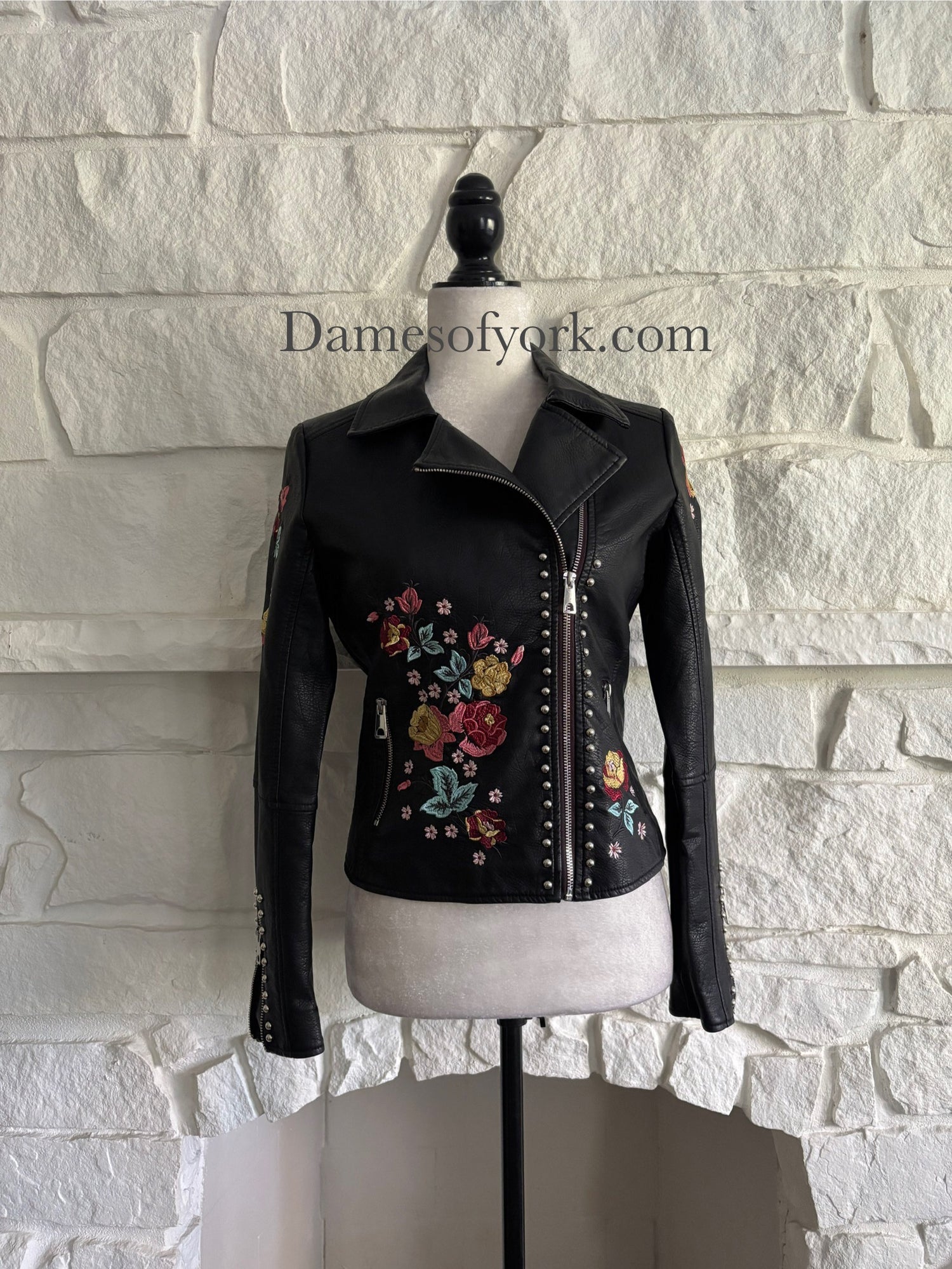 Floral Embroidered Faux Leather Jacket