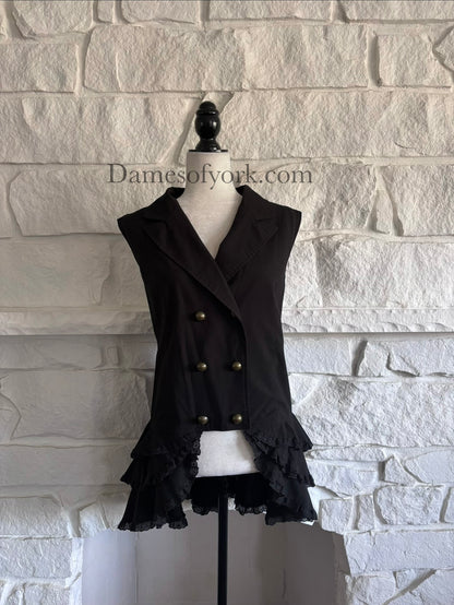 Front view of black Victorian goth vest on mannequin with double-breasted buttons and ruffle hem