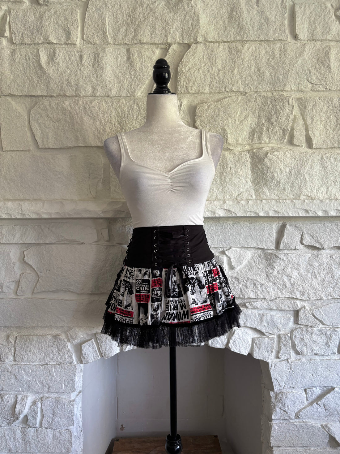 Corset-Laced Newsprint Mini Skirt