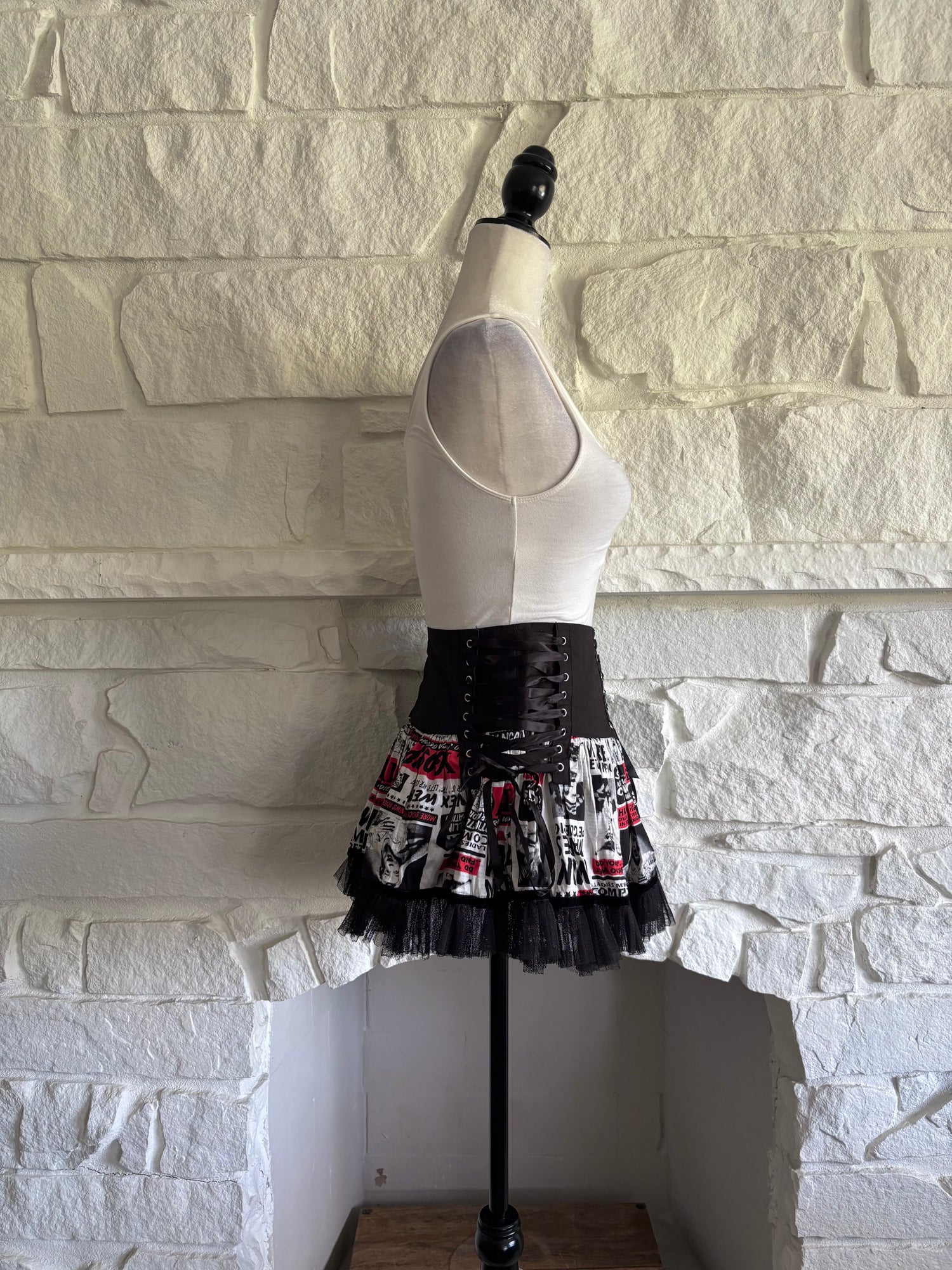 Corset-Laced Newsprint Mini Skirt