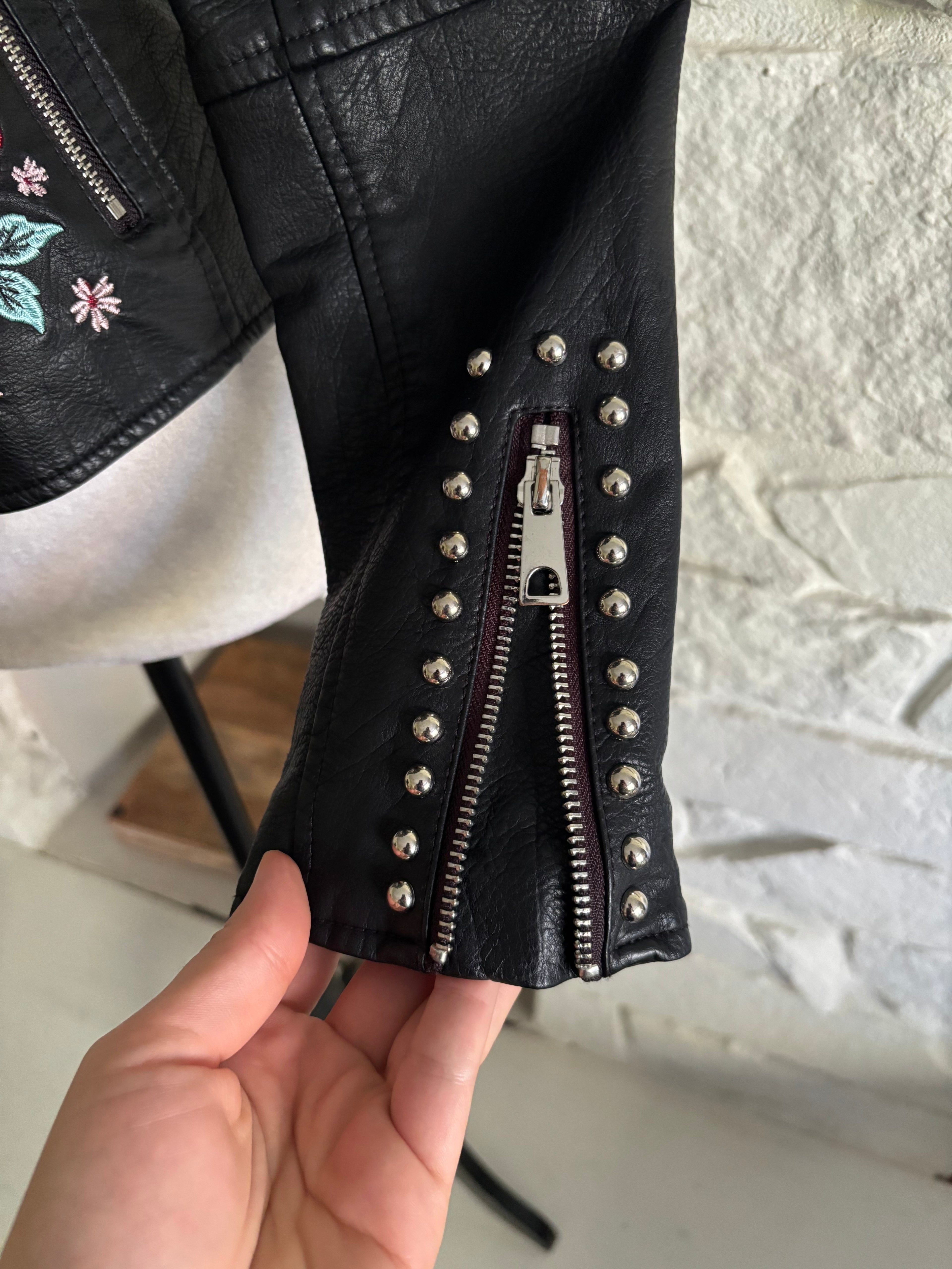 Floral Embroidered Faux Leather Jacket