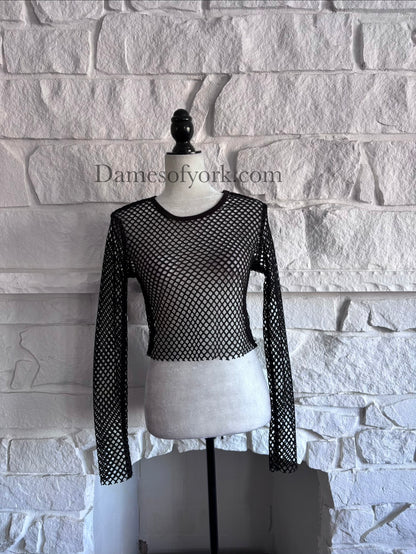Front view of the Raw Edge Mesh Crop Top, a black sheer mesh long sleeve crop top with unfinished hem and cuff edges.