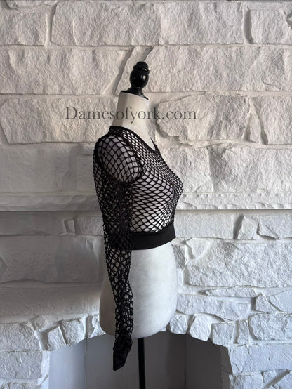 Side view of the Shadow Mesh Crop Top highlighting the fitted stretch mesh material and elastic hem band.