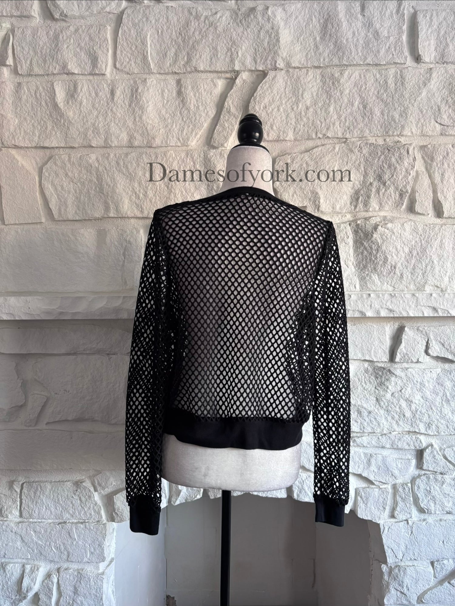 Back view of the Nightveil Mesh Top showing the sheer wide mesh fabric and banded edges.