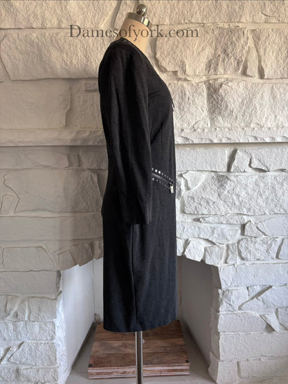Side view of stretch grey dress on mannequin with fitted silhouette and hip zipper details