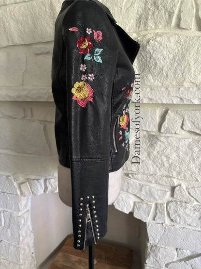 Floral Embroidered Faux Leather Jacket